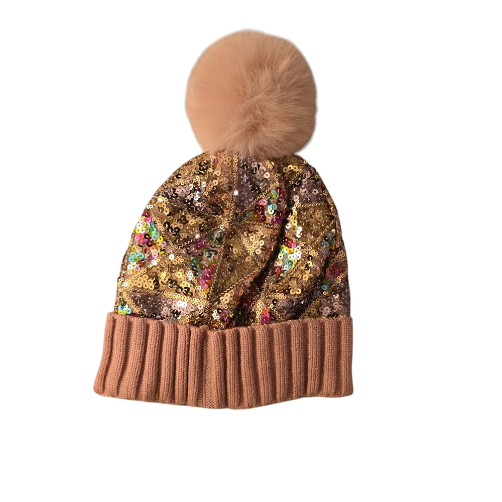 Sequin Pom-Pom Kids Beanie - Pink
